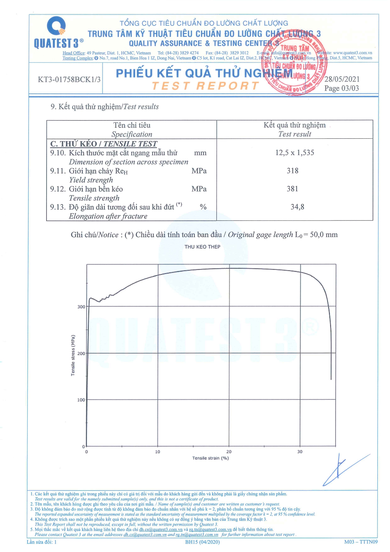 Phiếu kết quả thử nghiệm Khay cáp (W 200mm x H 100mm x T 1,5mm x L 2500mm)