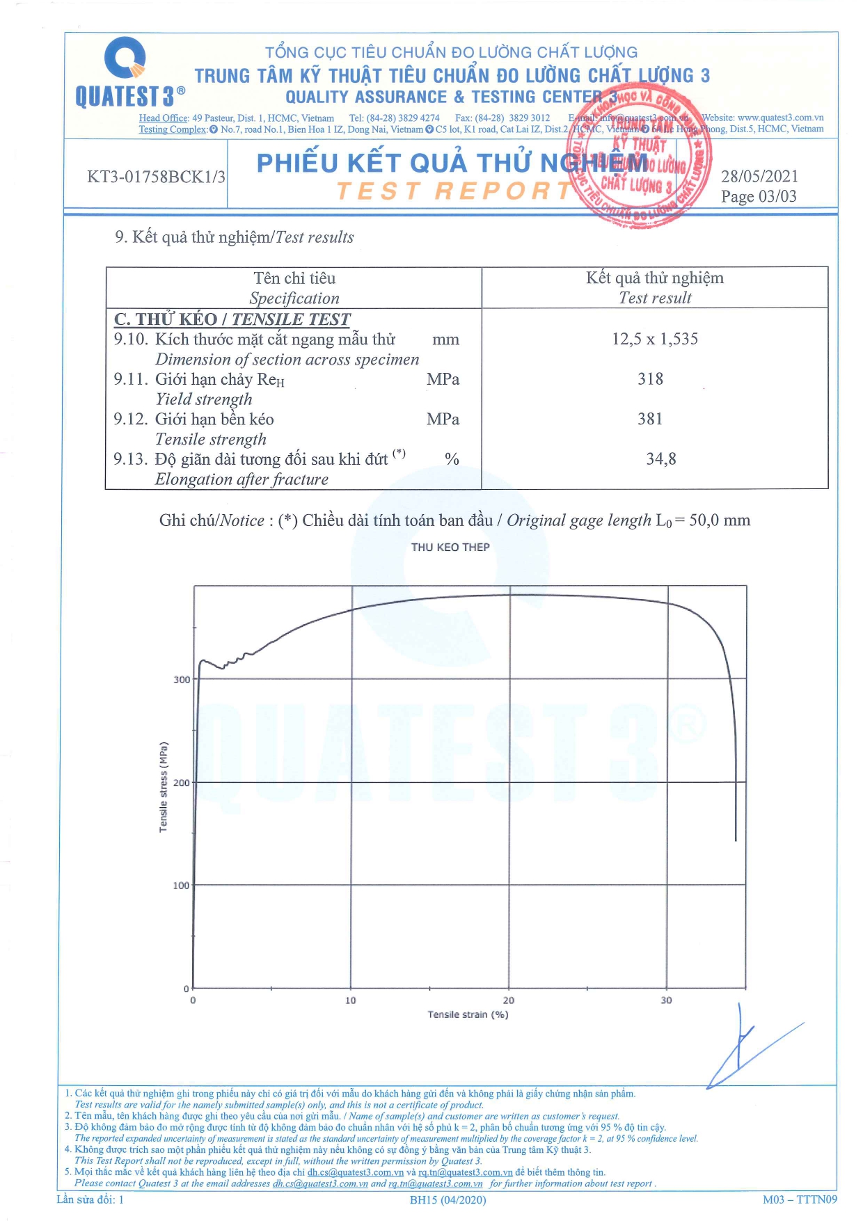 Phiếu kết quả thử nghiệm Khay cáp (W 200mm x H 100mm x T 1,5mm x L 2500mm)