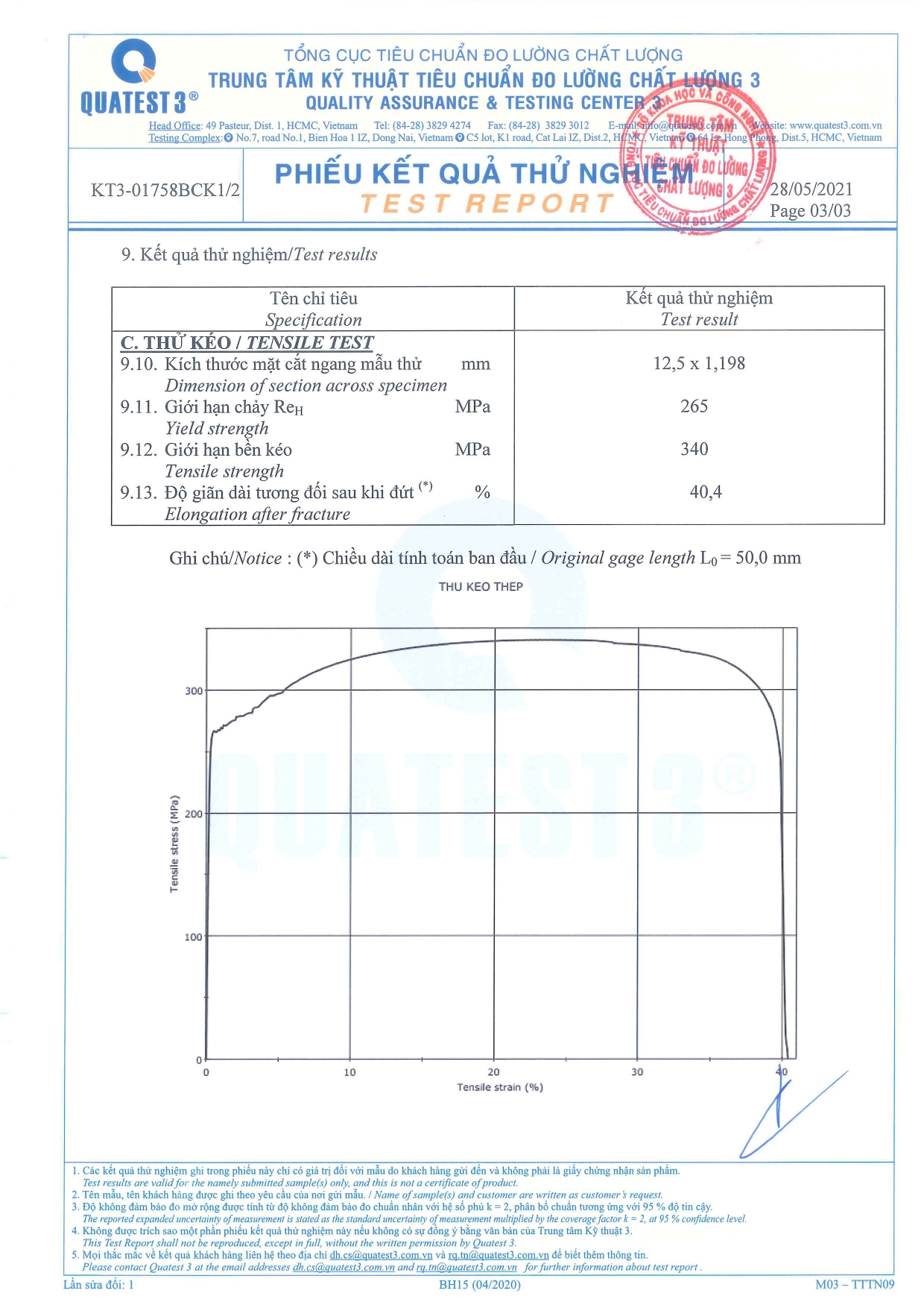 Phiếu kết quả thử nghiệm Khay cáp (W 100mm x H 50mm x T 1,2mm x L 2500mm).